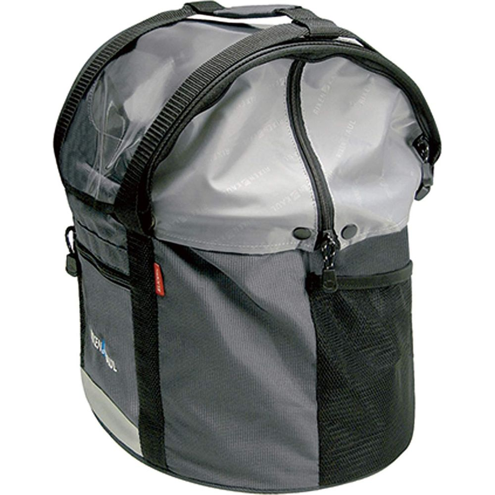Graue Fahrradtasche mit Tragegriffen und Netzseitentaschen, weiße Schrift auf grauem Stoff.