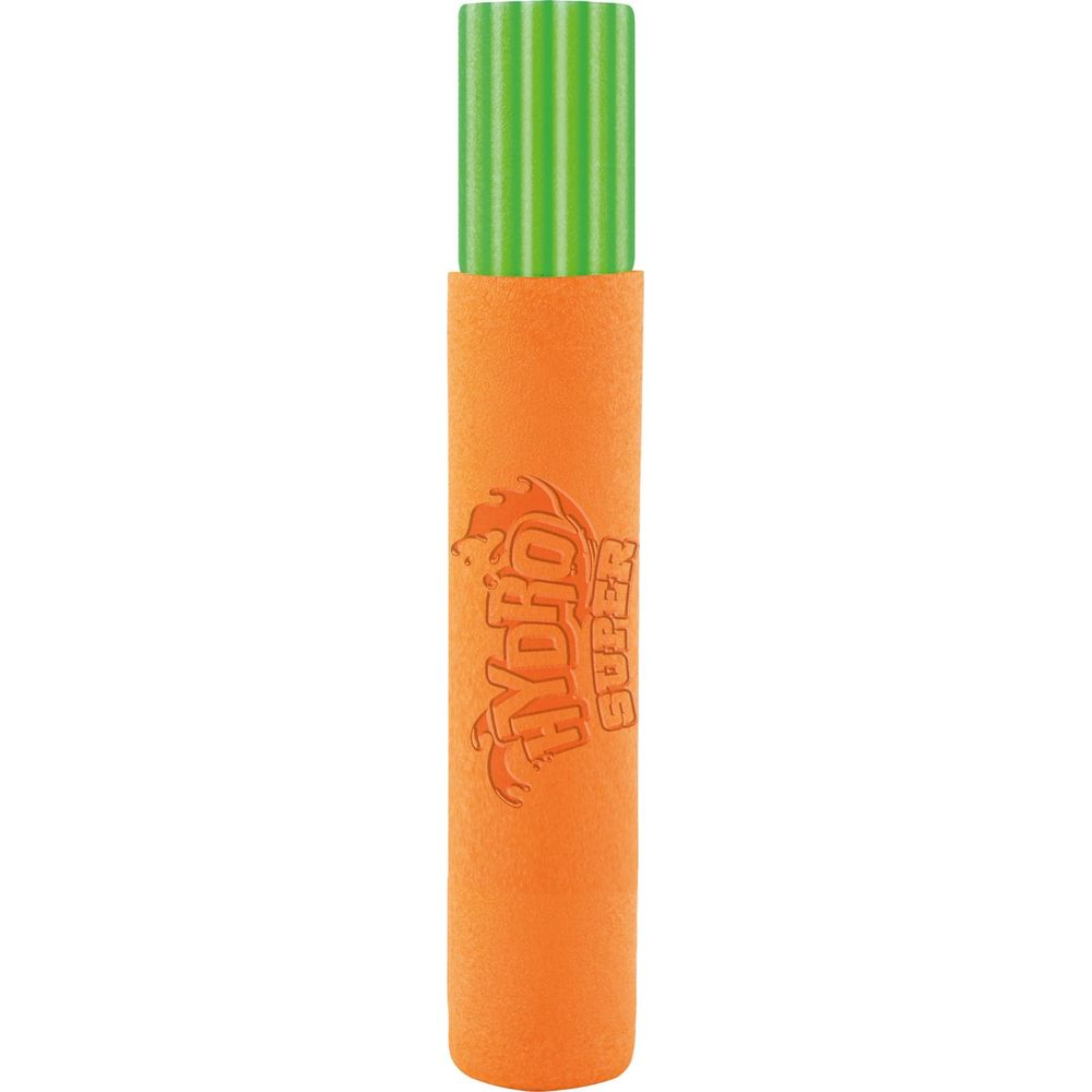 Una pistola ad acqua Nerf arancione con punta verde e stampa "Hydro Super".