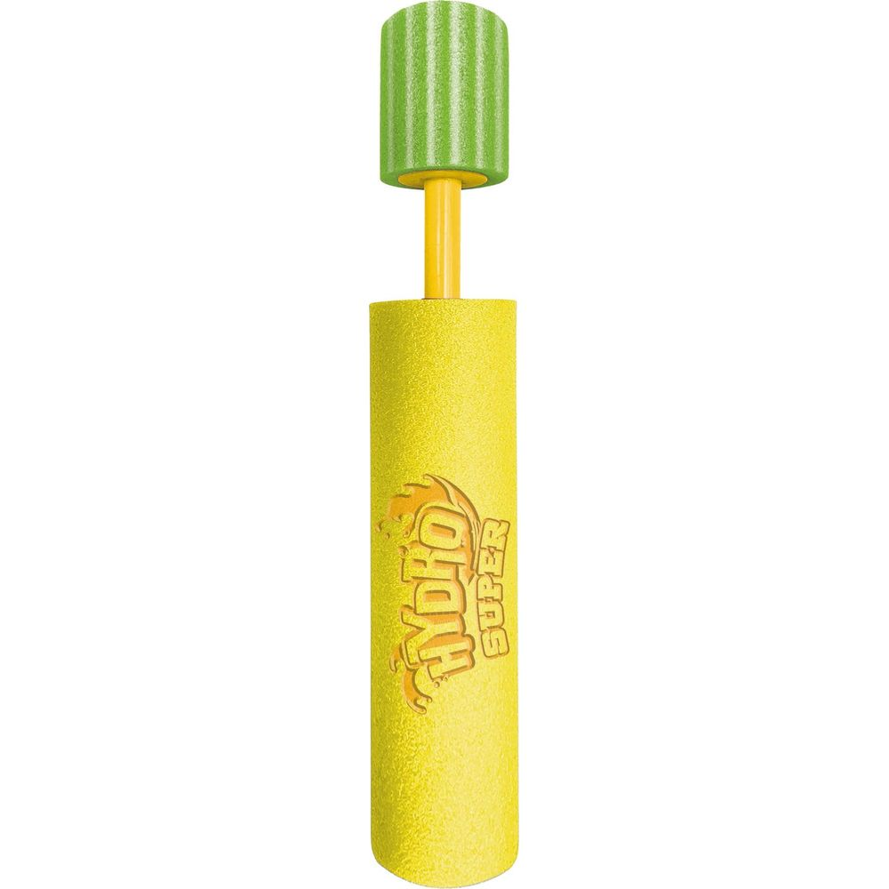 Pistola ad acqua gialla con impugnatura verde e manico giallo.