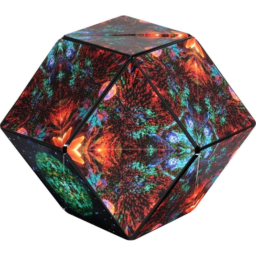 Un oggetto caleidoscopico pieno di stelle in rosso, arancione, blu e verde.