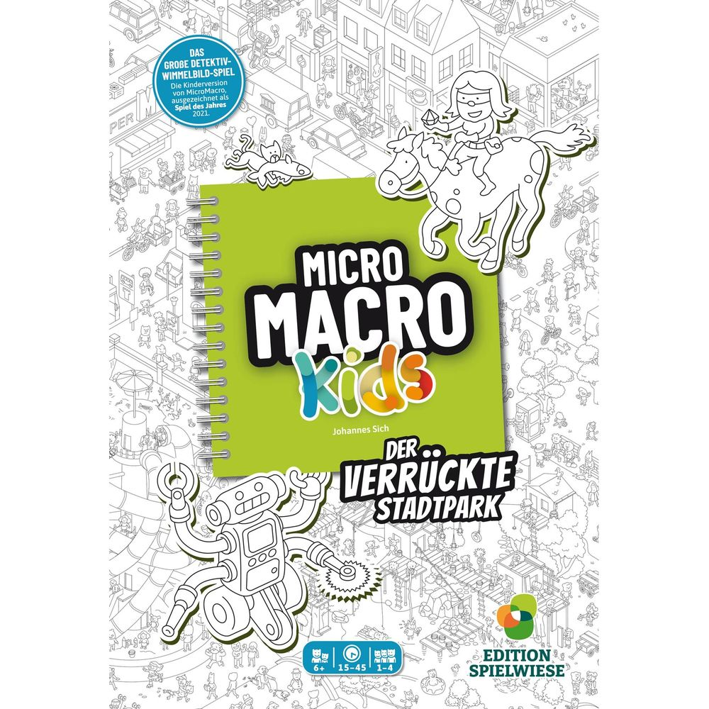 Copertina del gioco Micro Macro Kids. Titolo colorato, robot, bambina a cavallo e scena affollata.