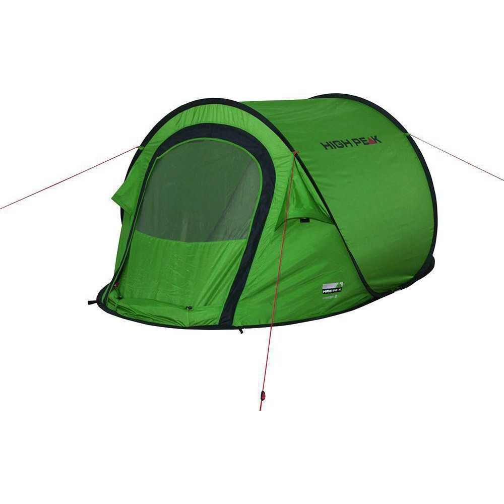 Tenda pop-up verde con bordi neri e finestra, su sfondo bianco.