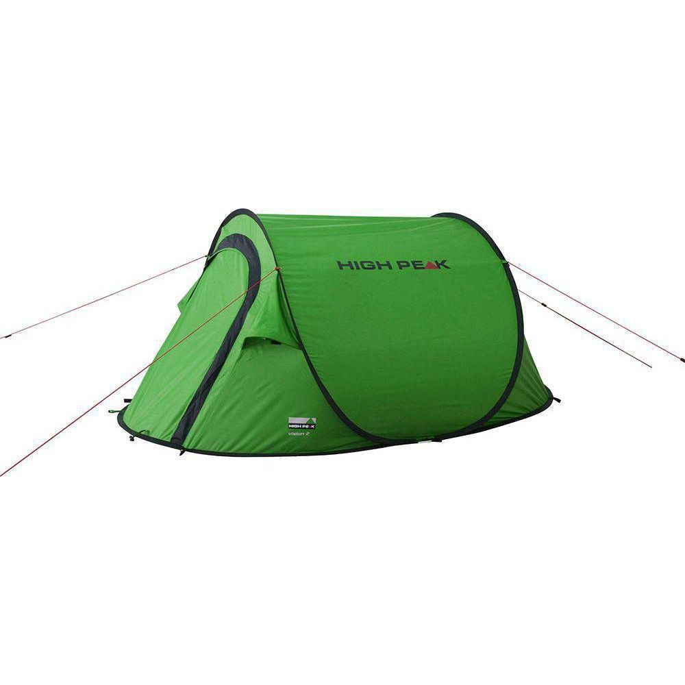 Una tenda pop-up verde con accenti neri e marchio 'HIGH PEAK'.