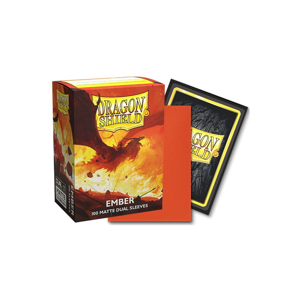 Un paquet de protège-cartes Dragon Shield avec un design de dragon et des pochettes oranges.