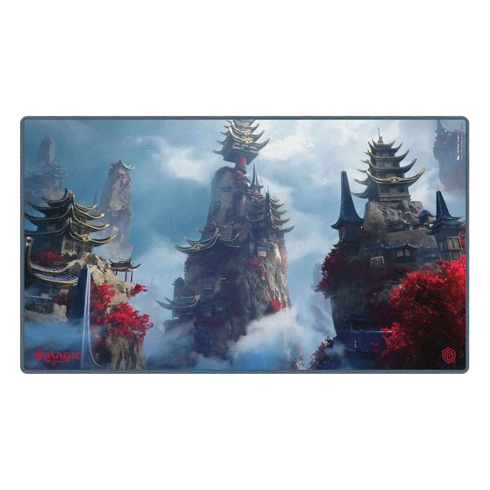 Paysage fantastique avec des pagodes sur des falaises rocheuses, des arbres rouges et du brouillard.