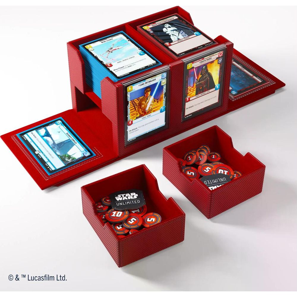 Roter Star Wars Kartenspiel-Organizer mit Karten und Markern.