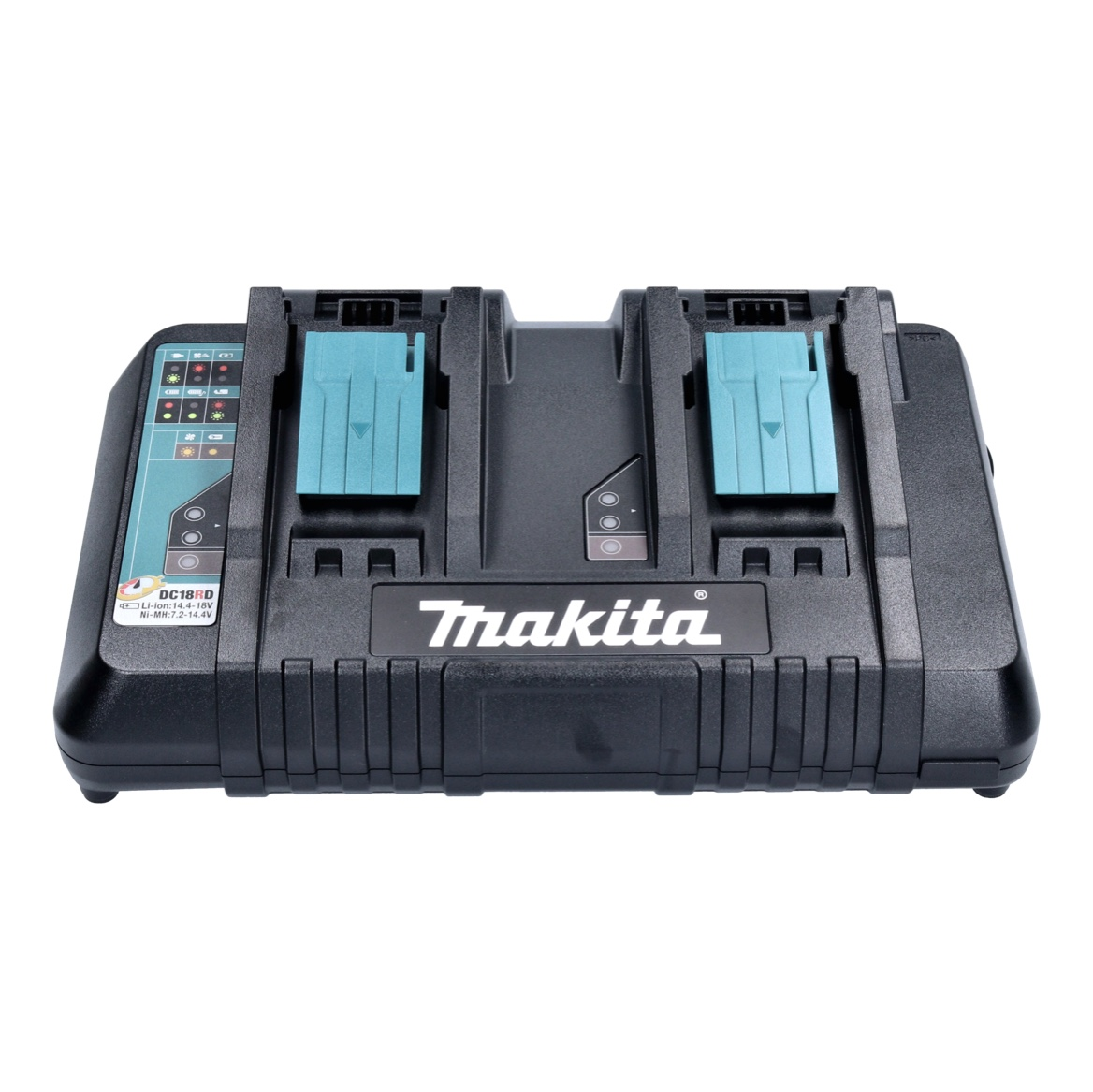 Schwarzes Makita Doppel-Ladegerät mit türkisen Batteriehaltern und Ladeanzeigen.