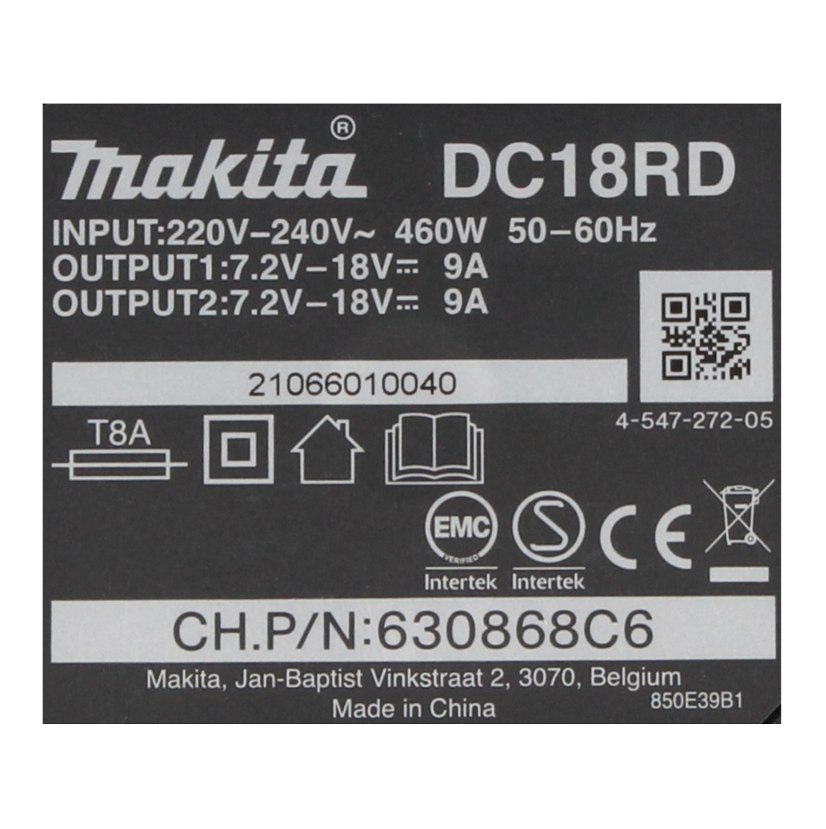 Makita DC18RD Netzteil: 220-240V, 460W. Ausgänge: 7.2-18V, 9A. Made in China.