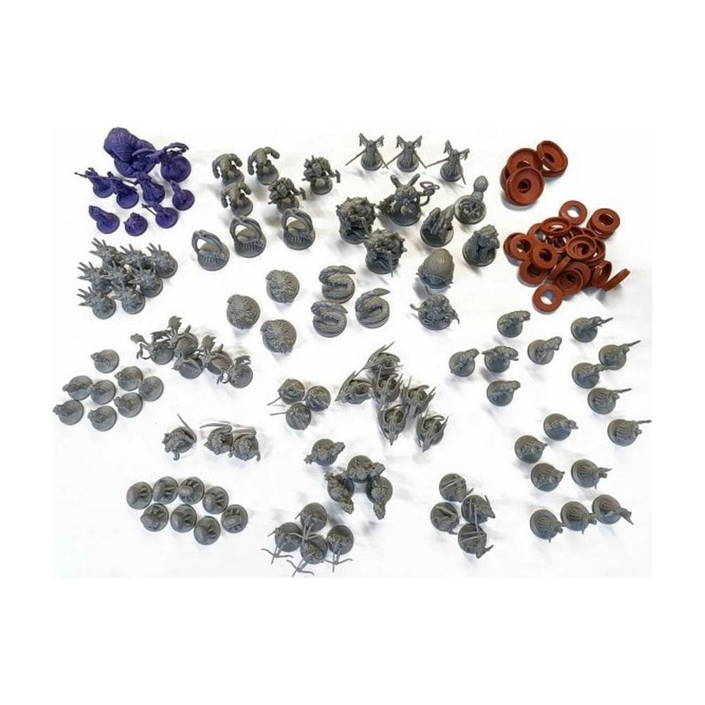 Eine Sammlung von grauen und lila Miniaturen, einige rote Ringe.
