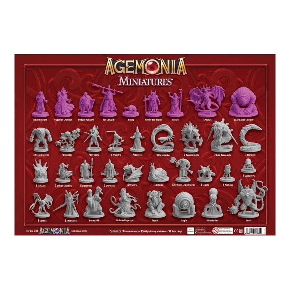 Eine Sammlung von Fantasy-Miniaturen in Lila und Grau, beschriftet
