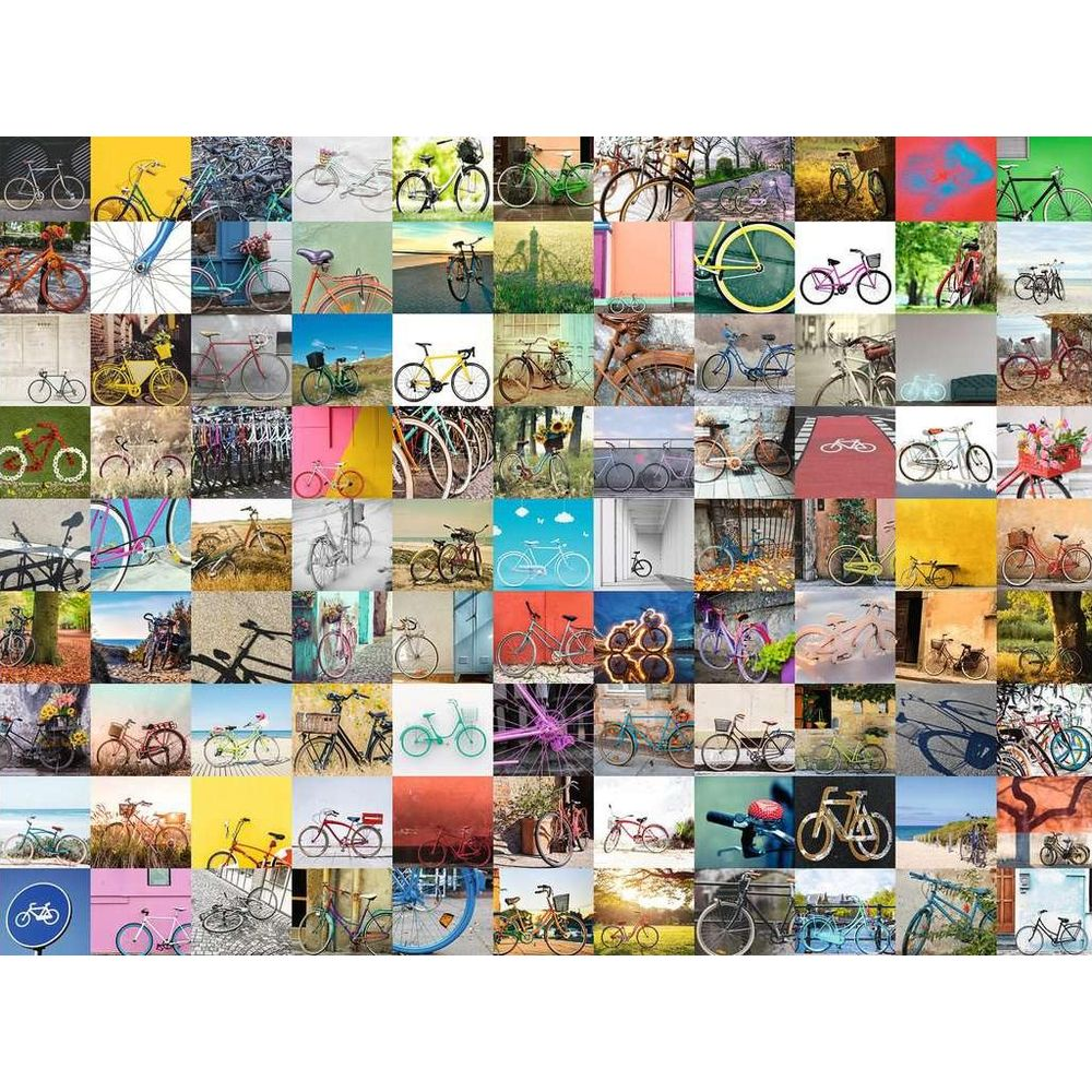 Collage de nombreuses images de vélos. Divers types, couleurs et cadres présentés.