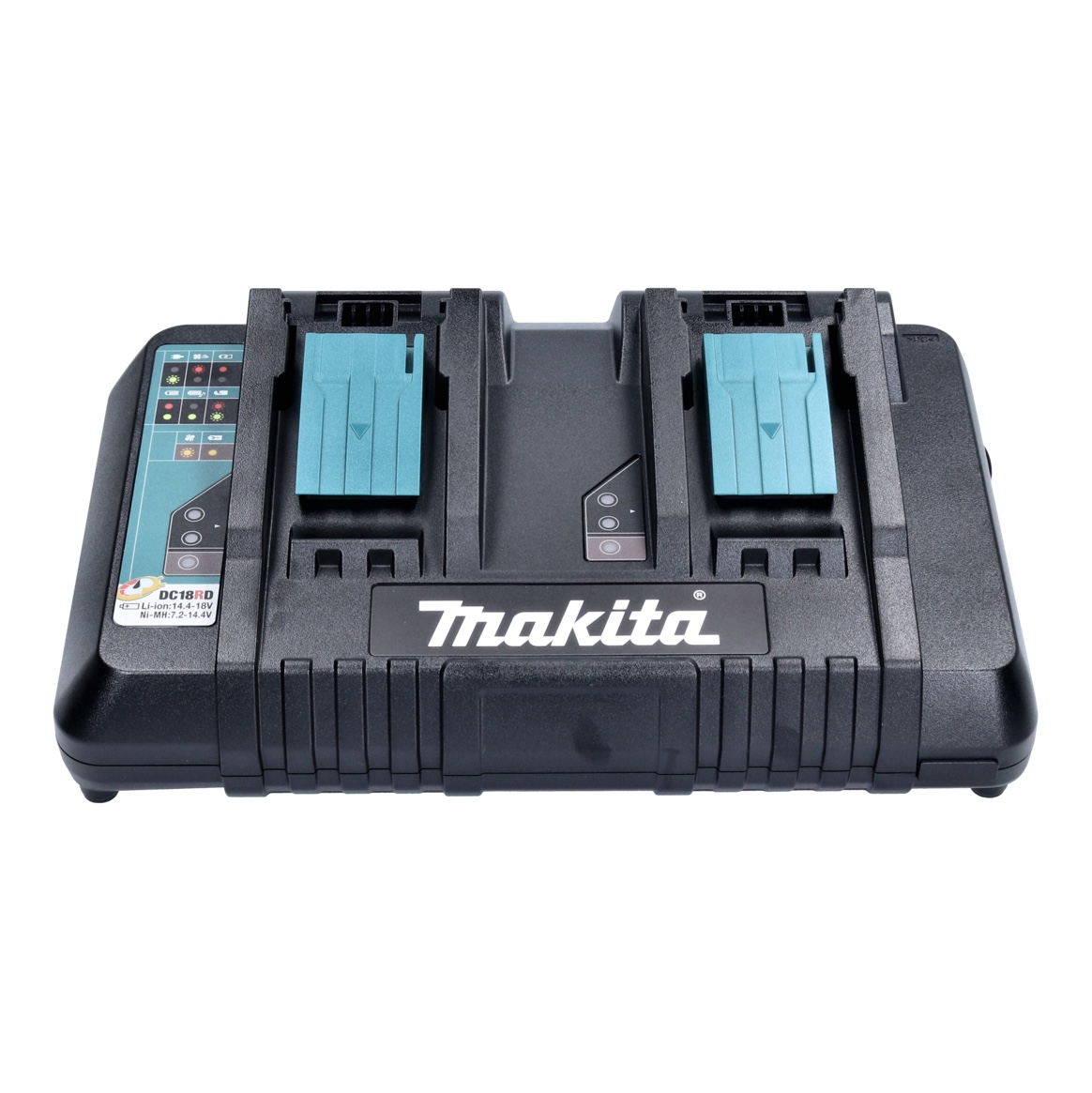 Schwarzes Makita Dual-Akkuladegerät mit teal Akkuschächten und Ladeanzeigen.