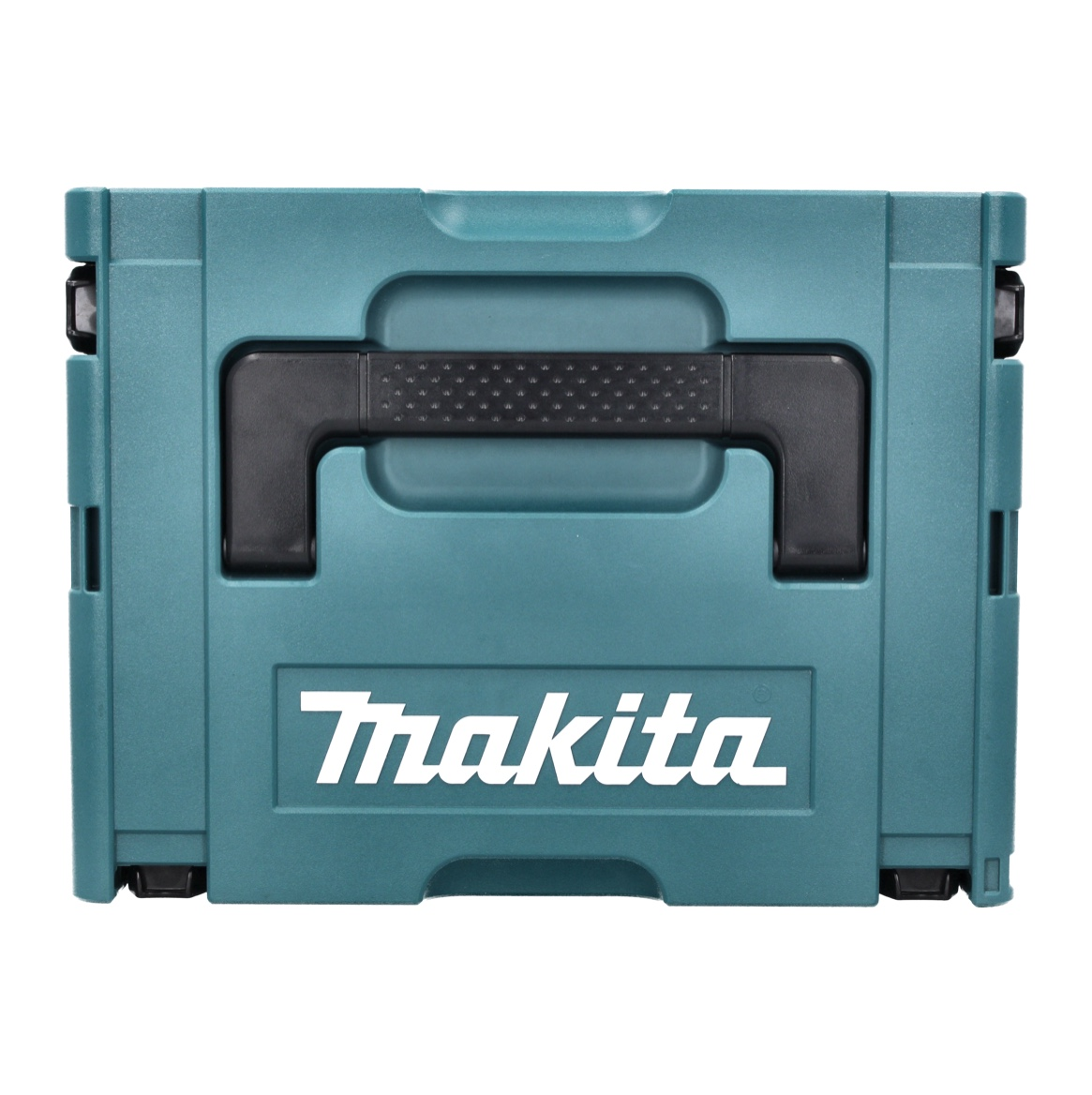 Türkiser Werkzeugkasten mit schwarzem Griff und Makita-Logo.