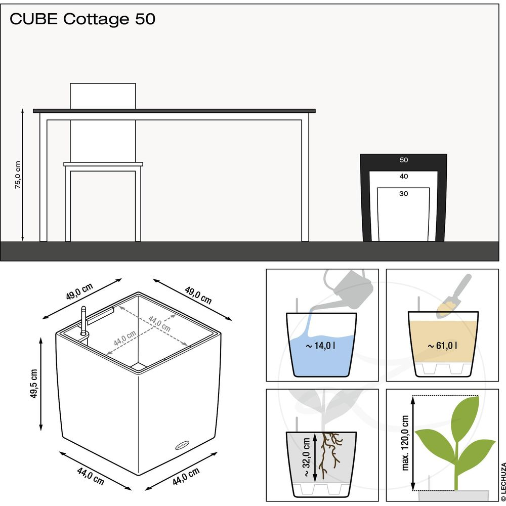 Diagramm zeigt einen Würfel-Blumentopf mit Maßen und Gebrauchsanweisungen.