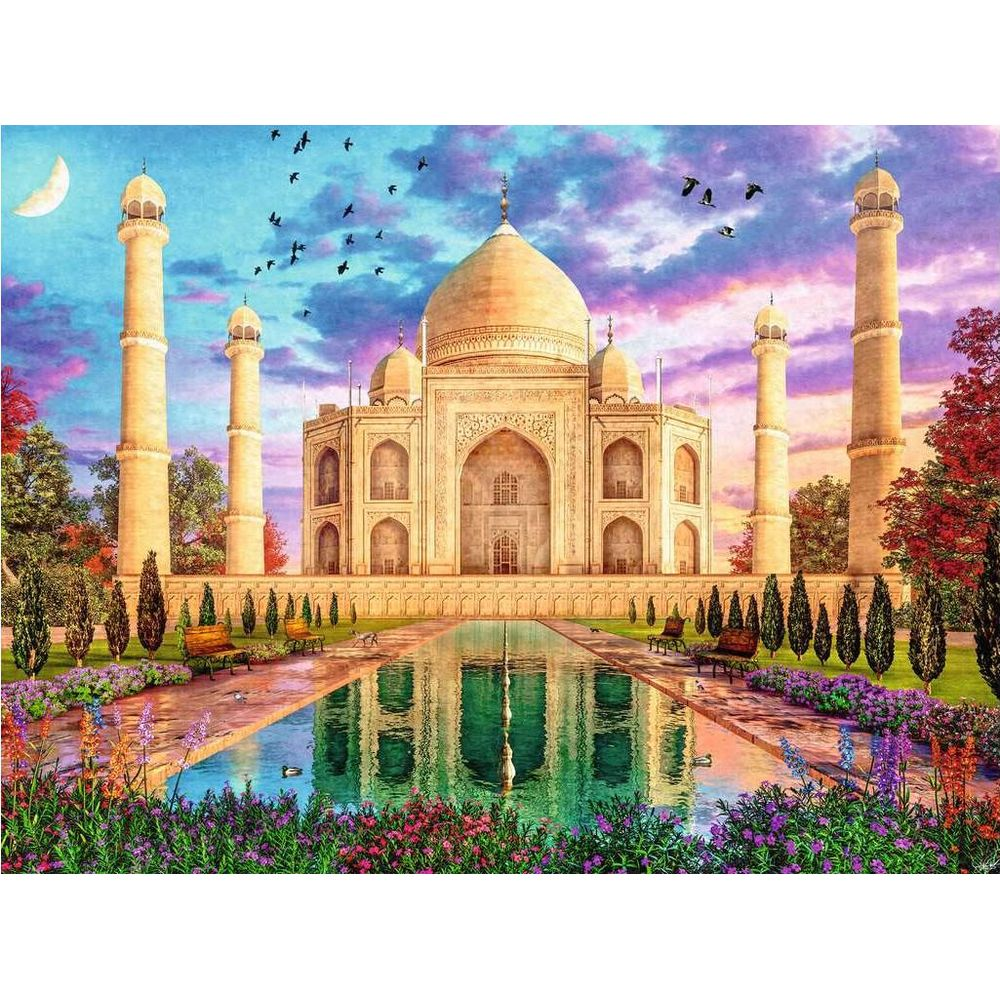Le Taj Mahal avec piscine réfléchissante, fleurs et ciel dramatique.