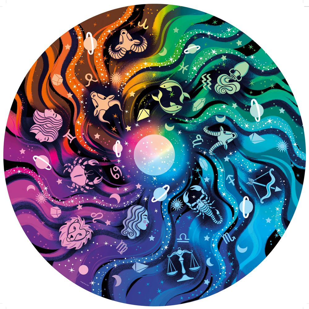 Ein kreisförmiges Tierkreissymbol mit astrologischen Symbolen und sternenklarem kosmischem Hintergrund.