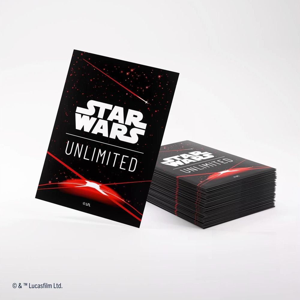 Pile de cartes Star Wars Unlimited avec effet de lumière rouge sur fond noir.