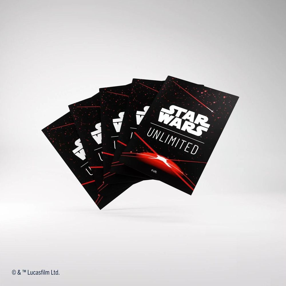 Quatre cartes noires avec un motif d'étoiles rouges et le logo « Star Wars Unlimited ».