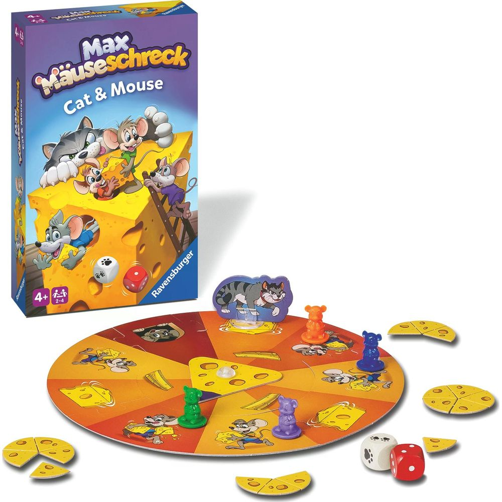 Ravensburger Spiel "Max Mäuseschreck" mit Spielfiguren und Würfeln.