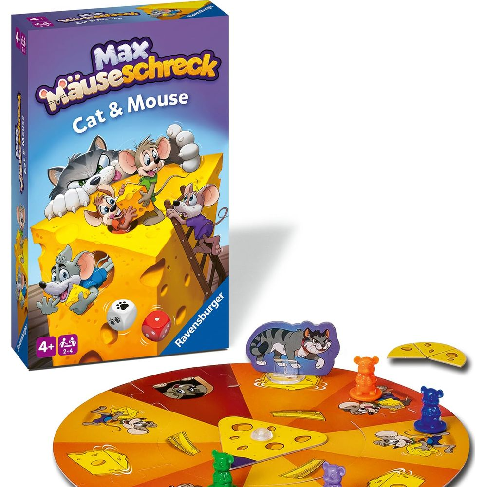 Brettspiel "Max Mäuseschreck" mit Katzen- und Mäusefiguren auf Käseberg.