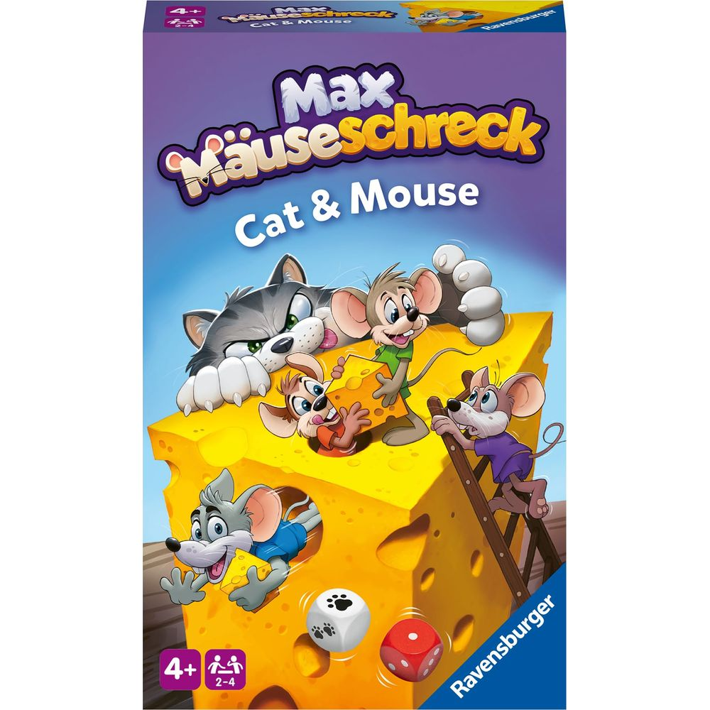Ein Spielbrett mit einer Katze und Mäusen auf einem groen Käsestück.