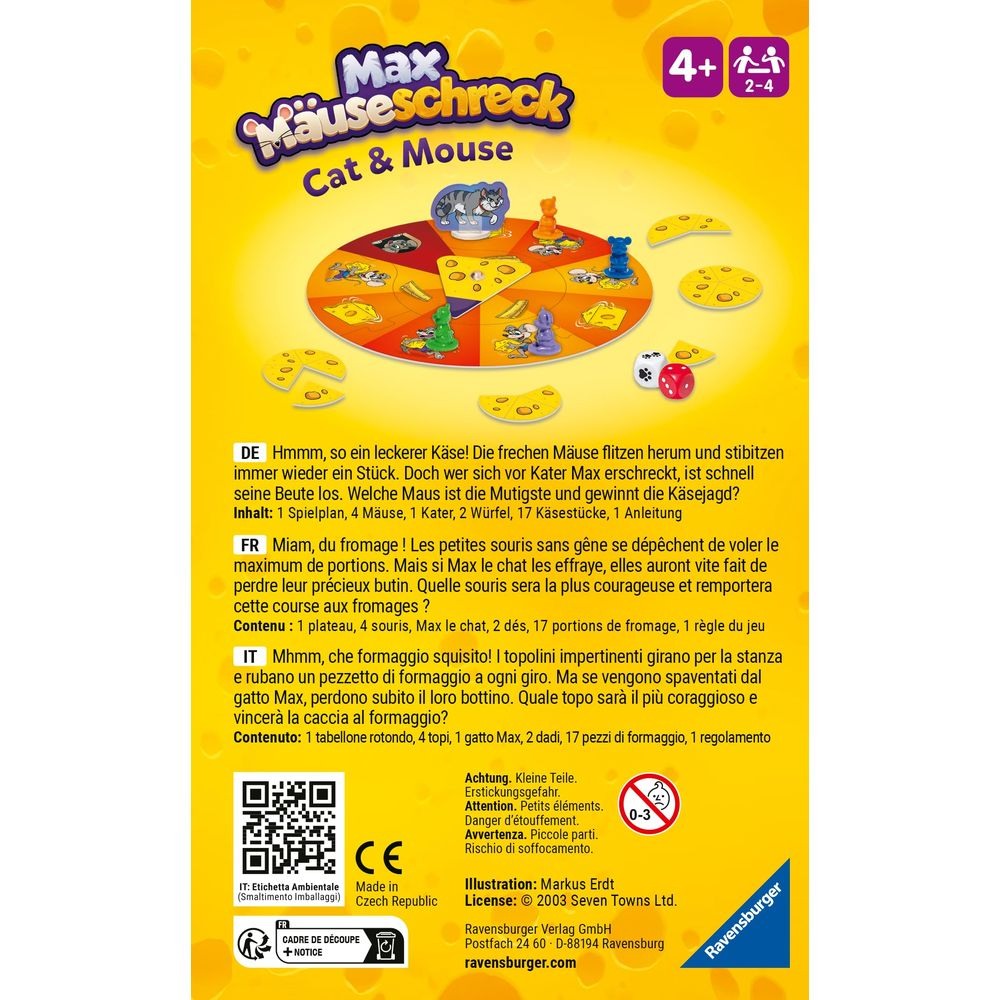 Brettspiel: Max Mäuseschreck Cat & Mouse, mit Spielfiguren, Würfeln und Käse.