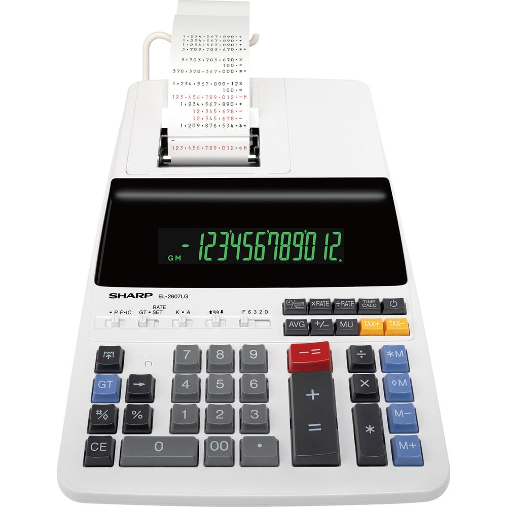 Une calculatrice imprimante Sharp EL-2607LG blanche avec un écran vert et un rouleau de papier.
