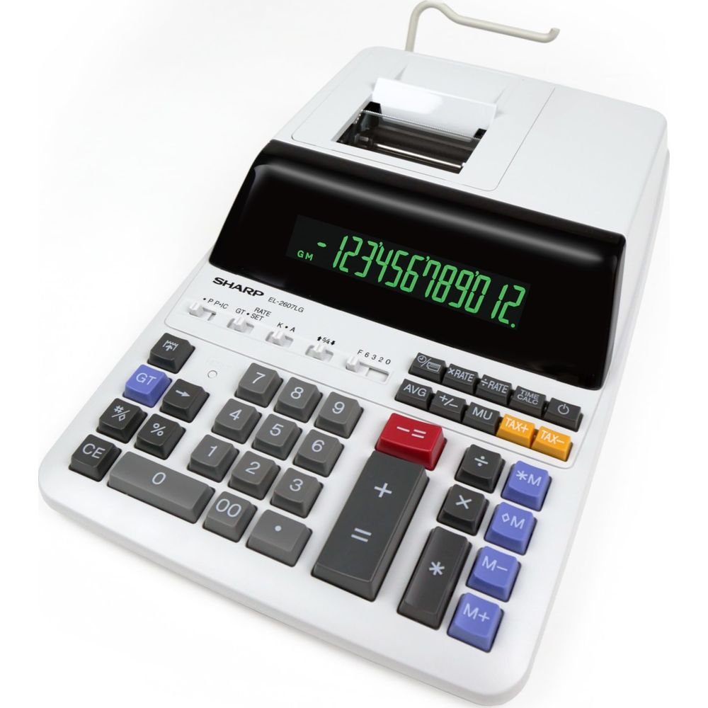Une calculatrice Sharp blanche avec un grand écran vert et un clavier complet.