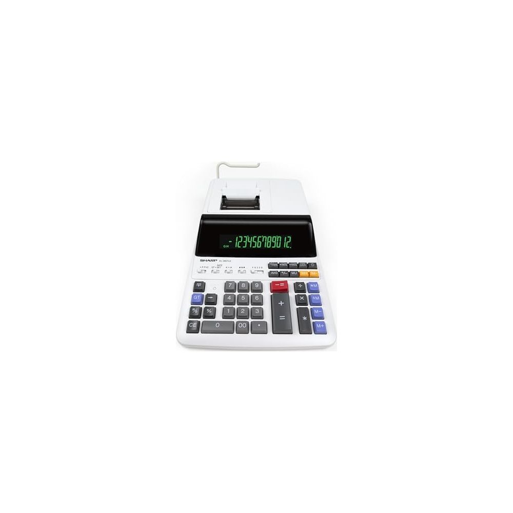 Calculatrice imprimante Sharp blanche avec grand écran LCD et clavier.