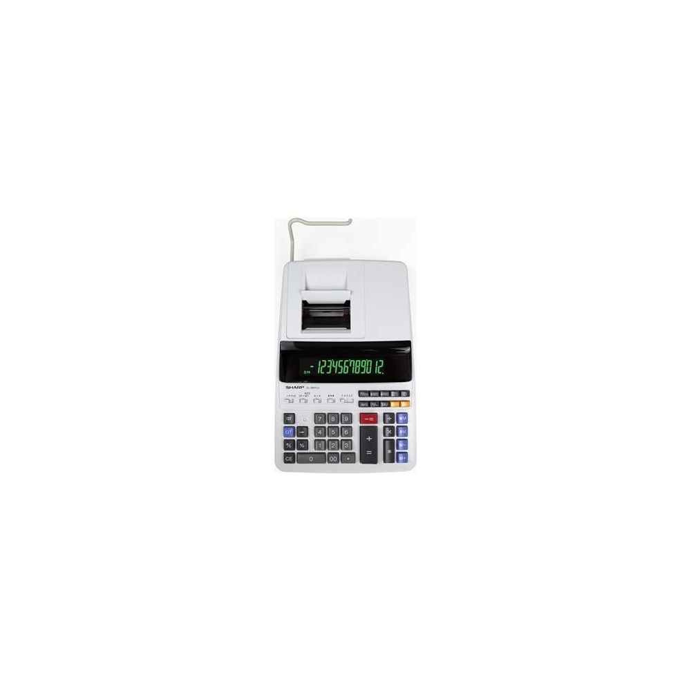 Une calculatrice Sharp blanche avec fonction d'impression et écran LCD.