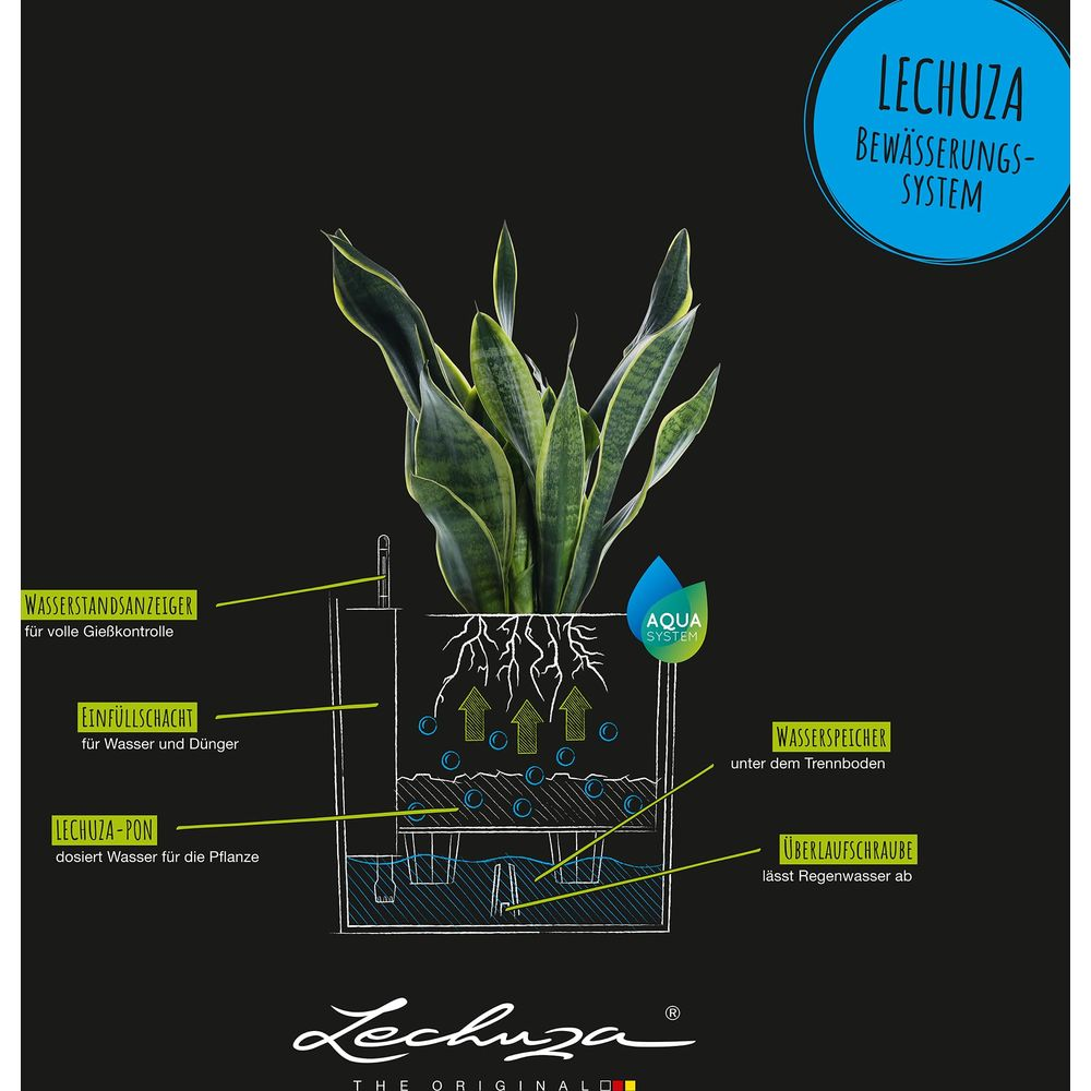 Schema del sistema di irrigazione Lechuza con pianta e indicatore livello.