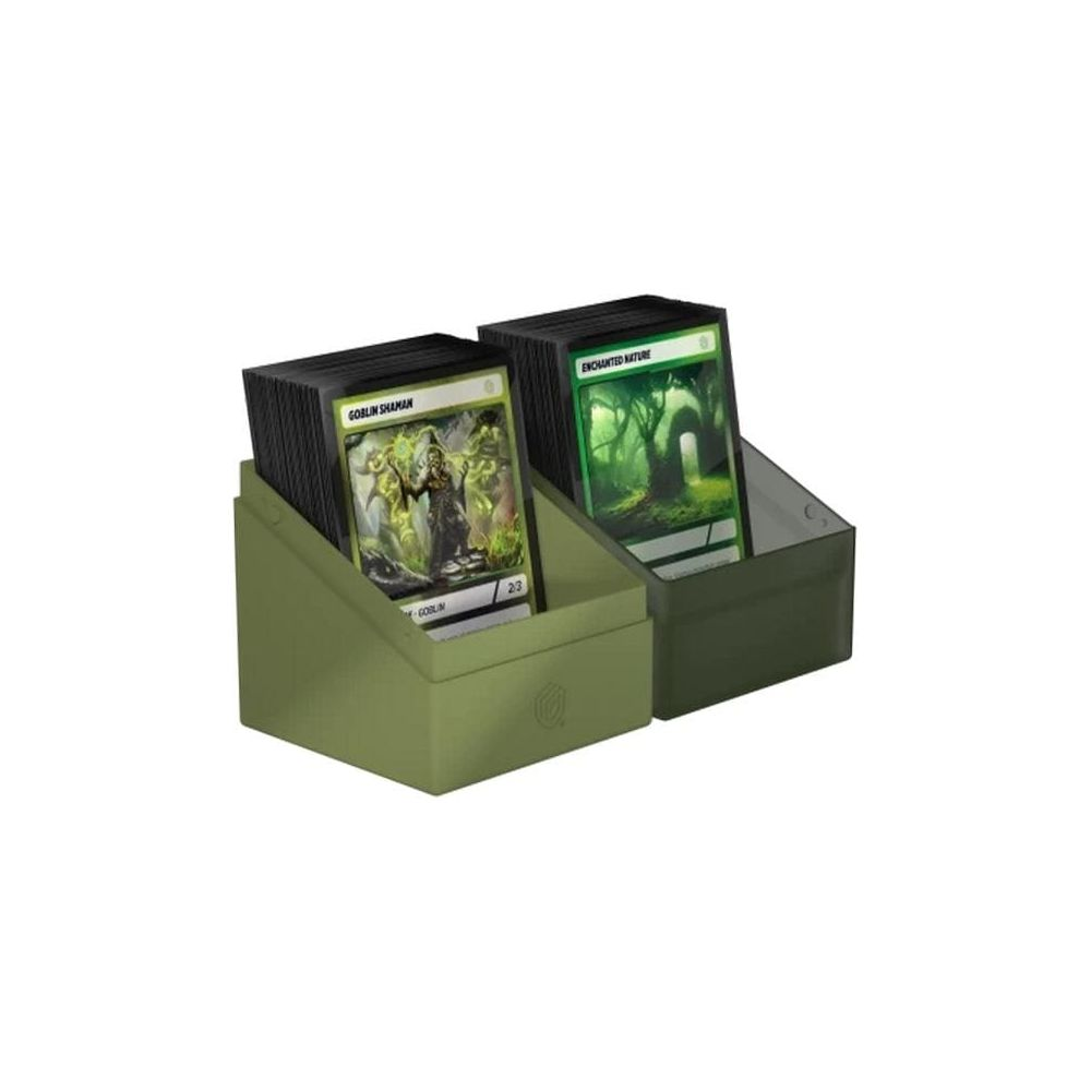 Deux contenants verts tenant des piles de cartes de jeu, l'un montrant un chaman gobelin.