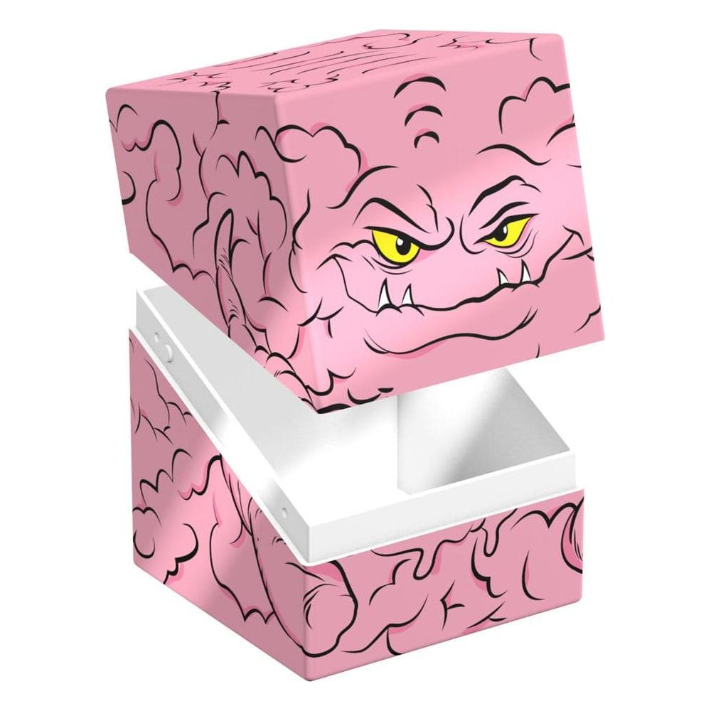 Une boîte rose avec le visage de Krang, couvercle ouvert, intérieur blanc.