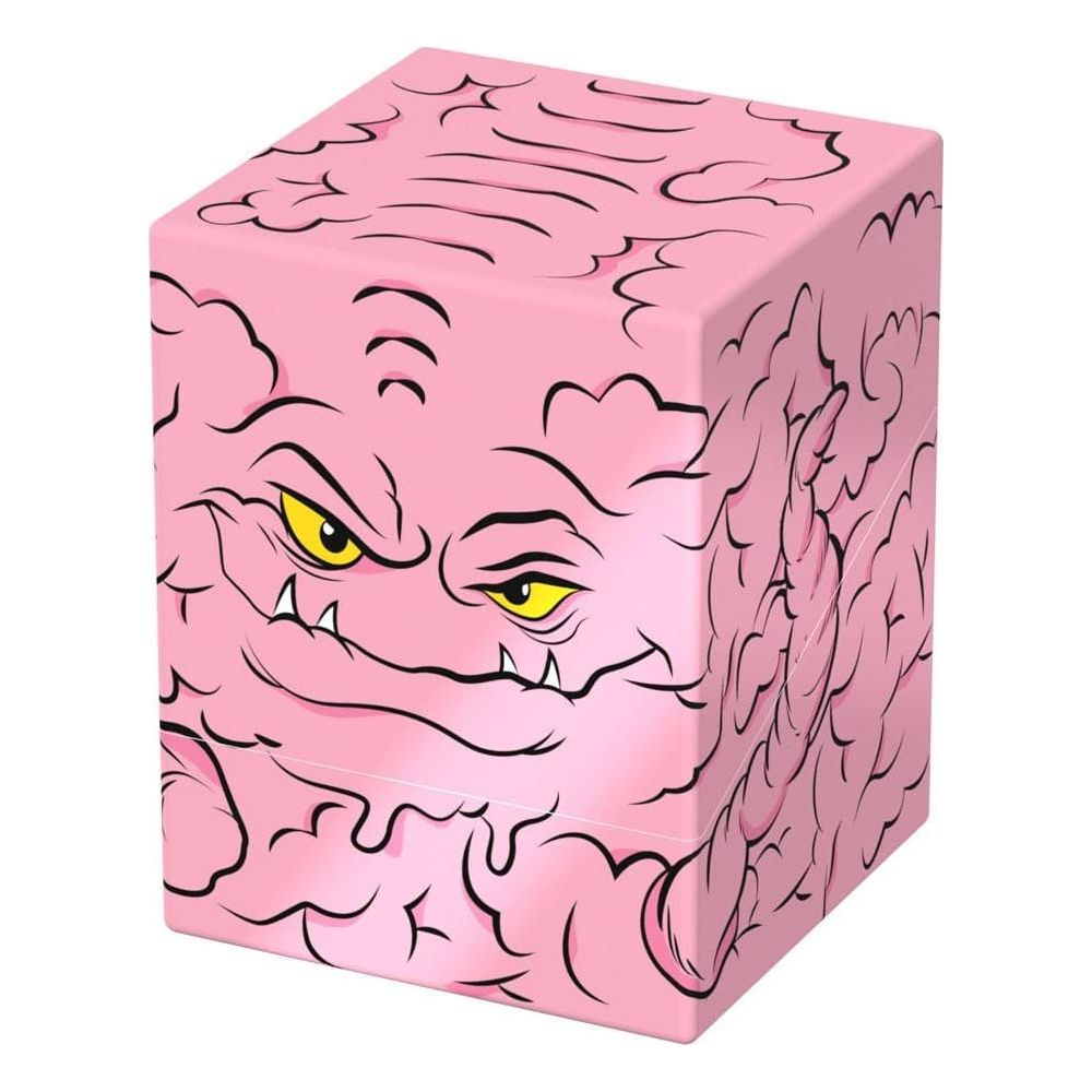 Une boîte rose avec un dessin noir de cerveau, yeux et dents jaunes.