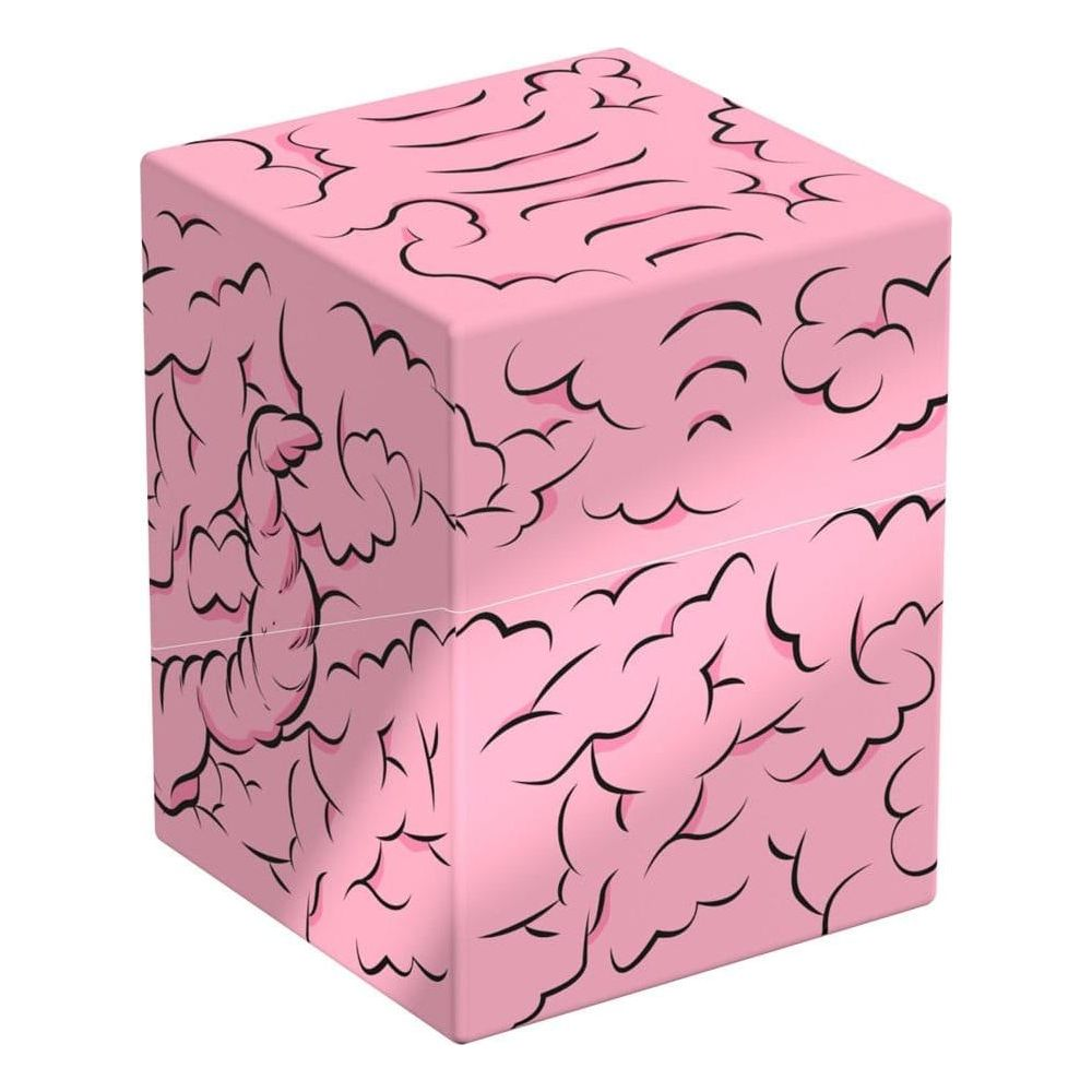 Un cube rose avec des motifs noirs ressemblant à un cerveau et une illustration de ver.