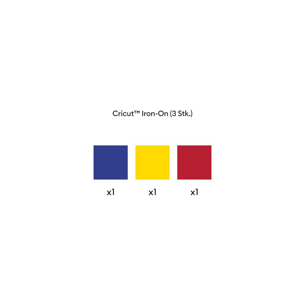 Drei Cricut-Bügelfolien: blau, gelb und rot, jeweils eine.