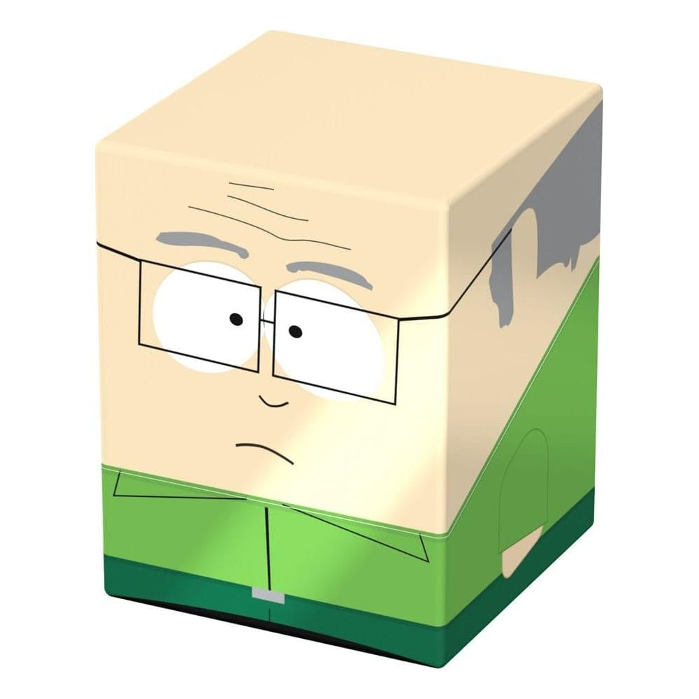 Un cube avec un visage de dessin animé, crâne chauve, lunettes et vêtements verts.