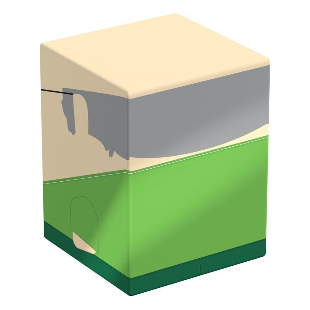 Un cube beige avec des surfaces grises et vertes. Une porte est esquissée.