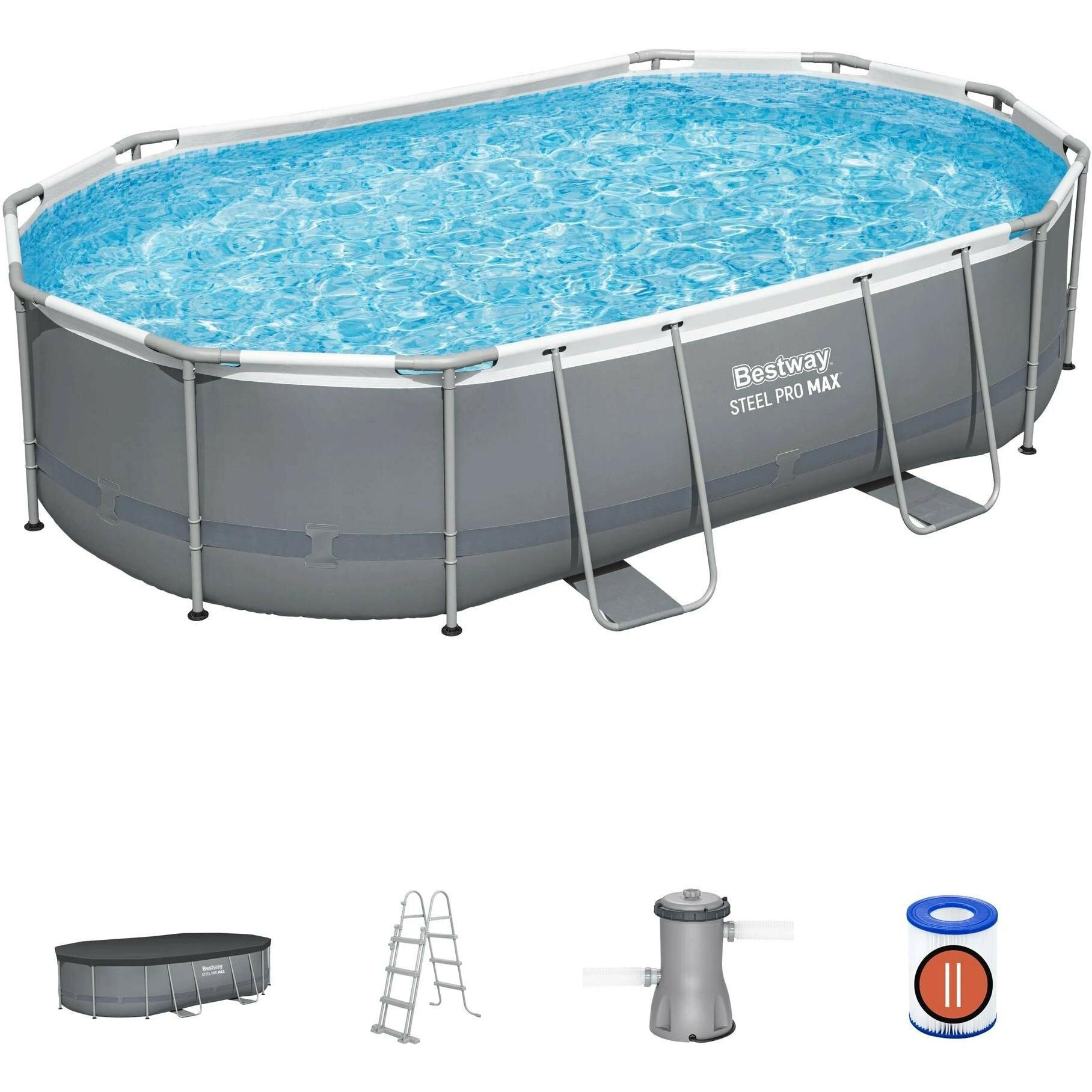 Une piscine ovale Bestway Steel Pro Max avec échelle, couverture et filtre.