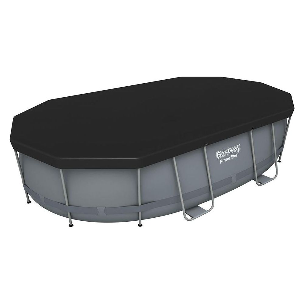 Piscine rectangulaire grise avec couverture noire. Logo Bestway Power Steel visible.