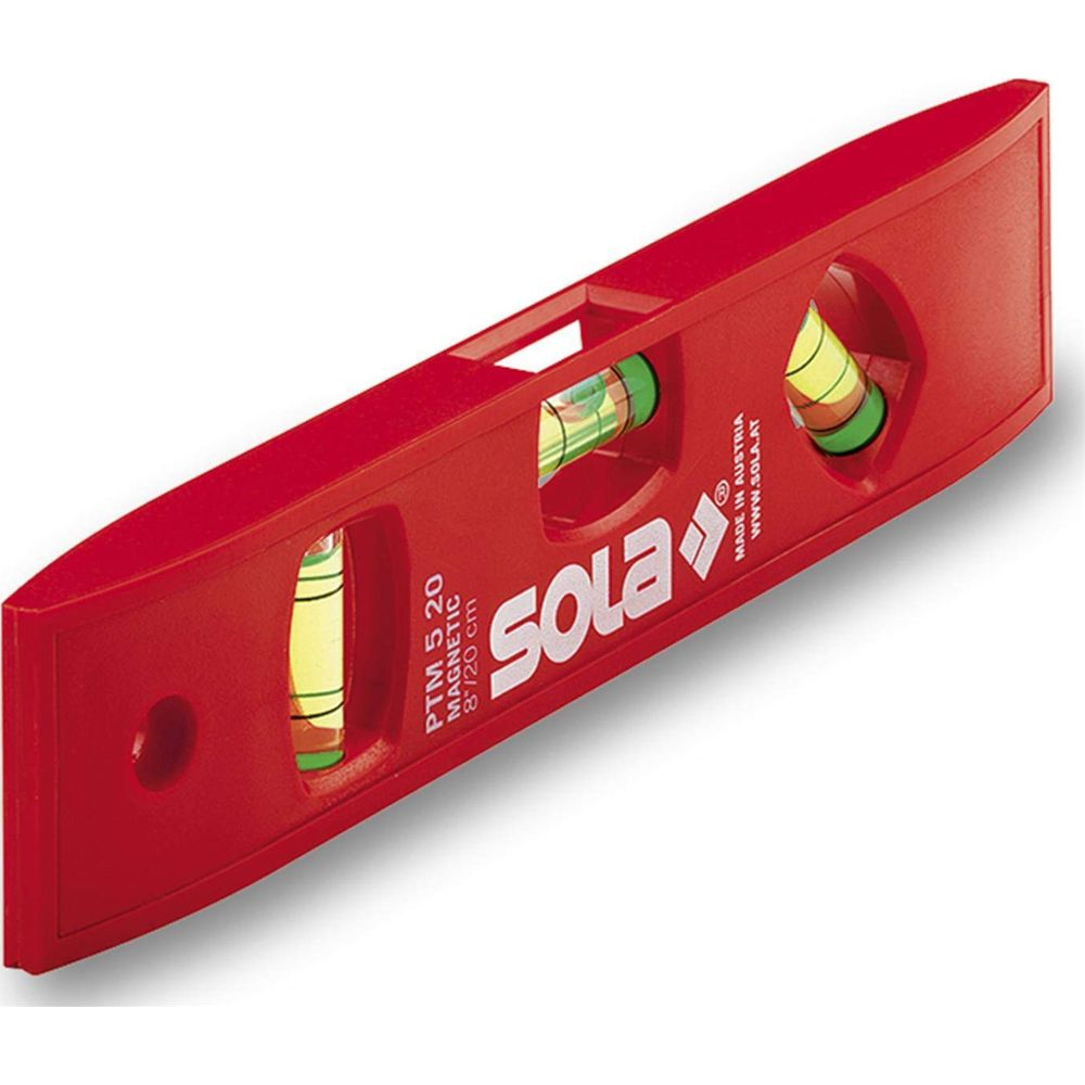 Livella a bolla rossa con due fiale e logo Sola.