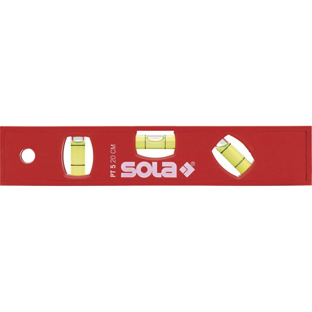 Livella a bolla rossa con tre bolle e logo SOLA.