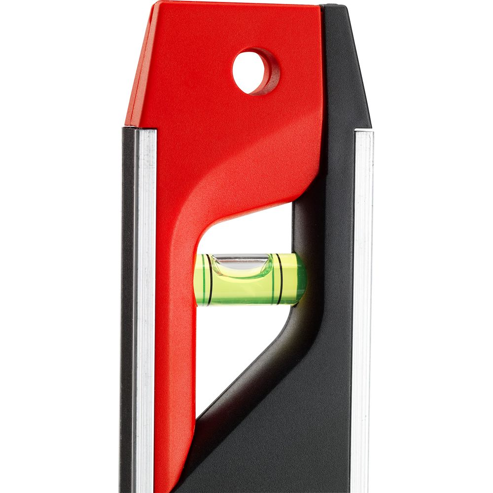 Una livella a bolla con cassa rossa e nera e una bolla verde.
