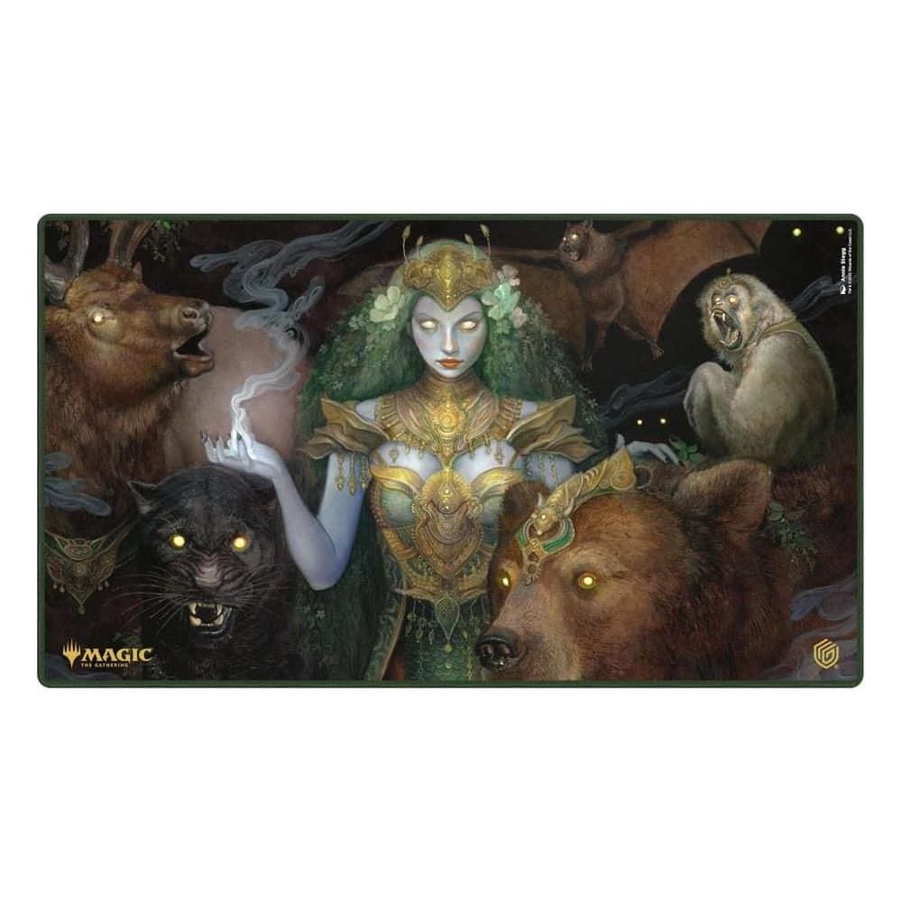 Une femme aux cheveux verts et à l'armure dorée, entourée d'animaux : ours, loup, cerf.