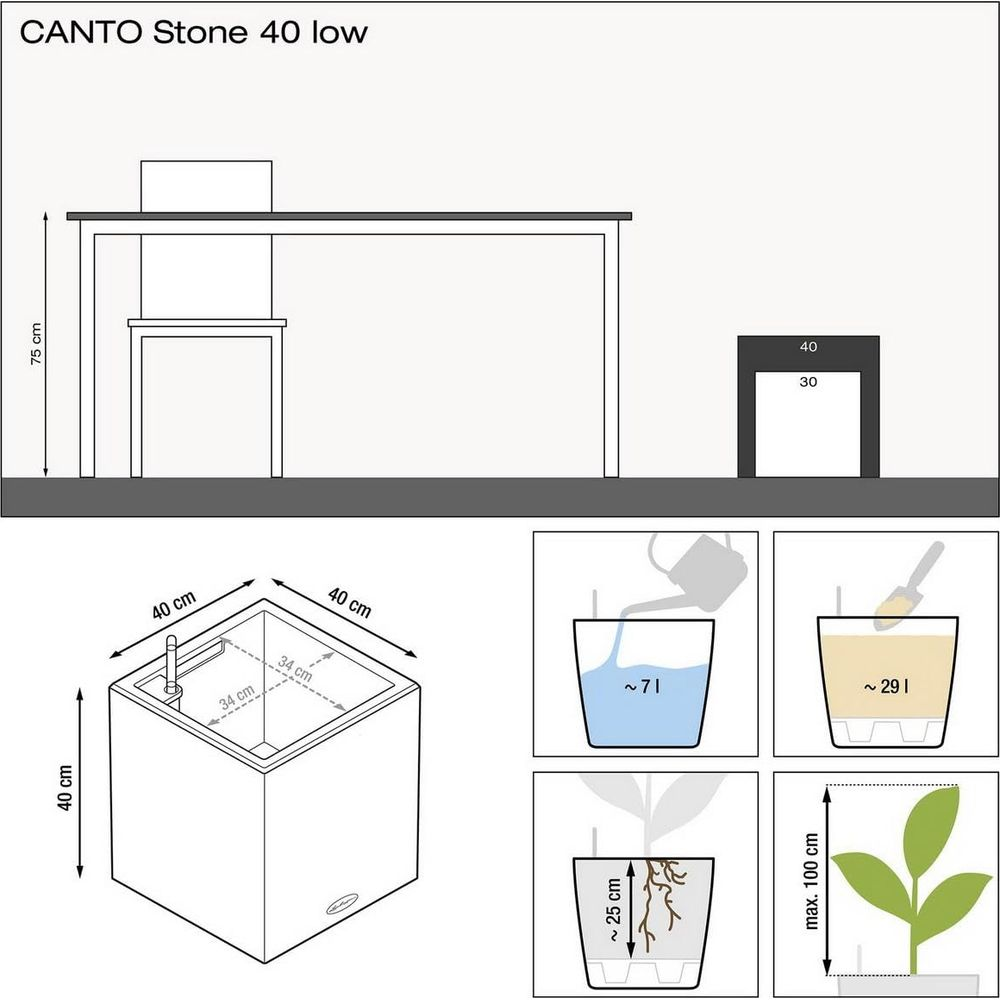 Schéma montrant une jardinière avec dimensions et instructions.