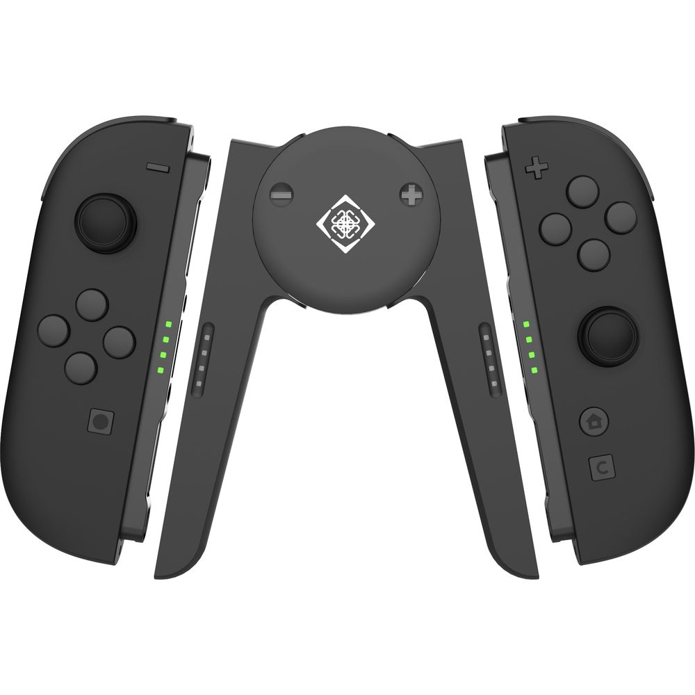 Schwarze Gaming-Controller-Griffe mit Knöpfen und Anzeigelichtern.