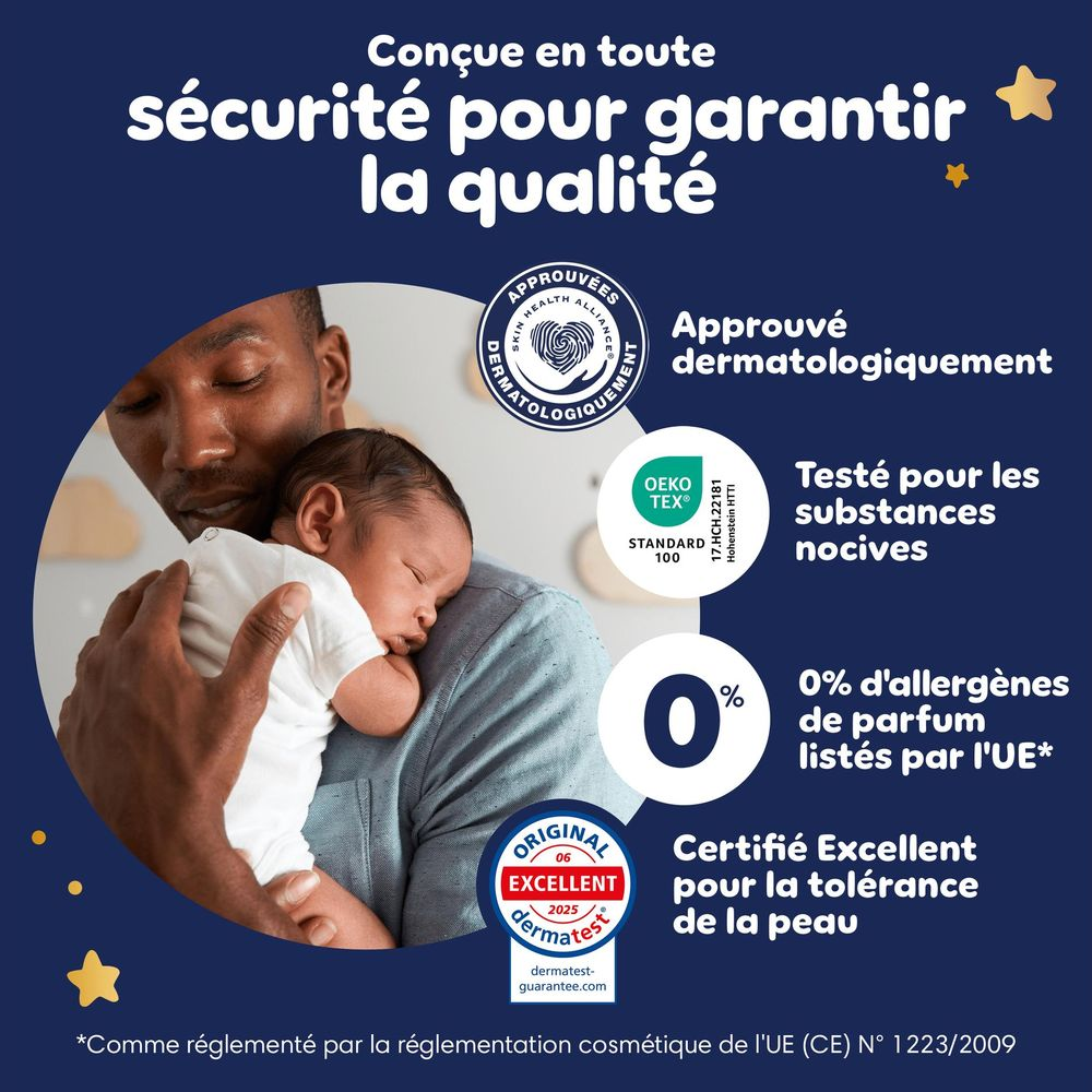 Mann hält Baby, mit Siegeln für dermatologische Prüfung, OEKO-TEX und Hautverträglichkeit.