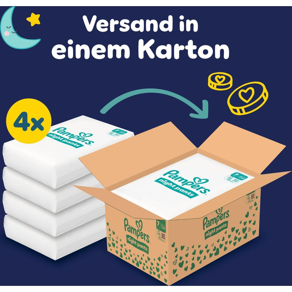Vier Stapel Pampers Nachtwindeln, eine geöffnete Box mit Packungen darin.
