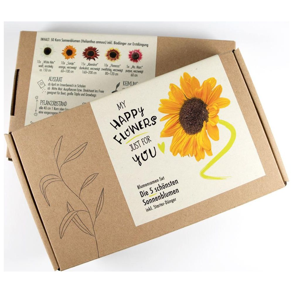 Una scatola di cartone con semi di girasole, raffigurante un grande girasole e varie varietà.