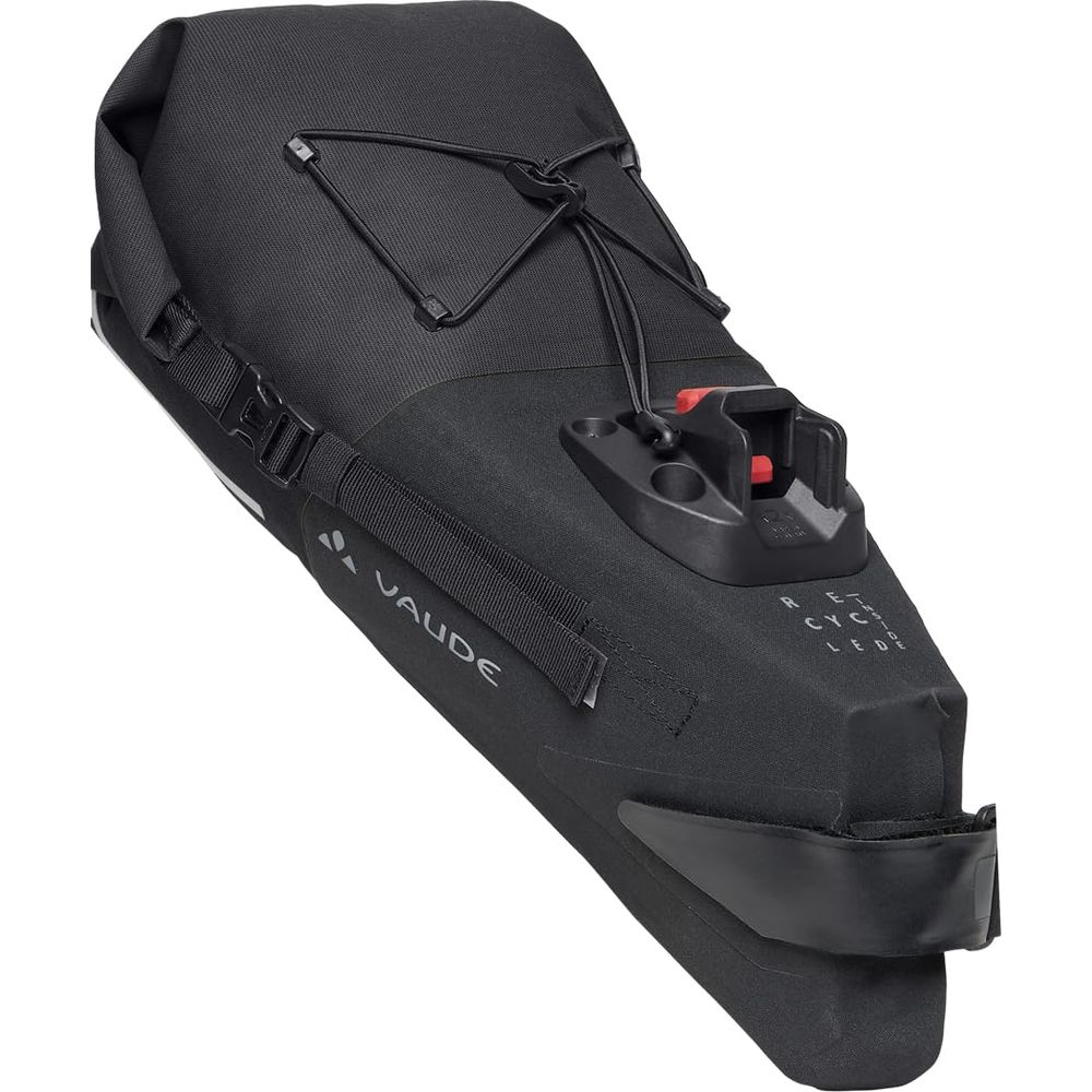 Sacoche de vélo noire avec attaches rouges et noires, logo Vaude.